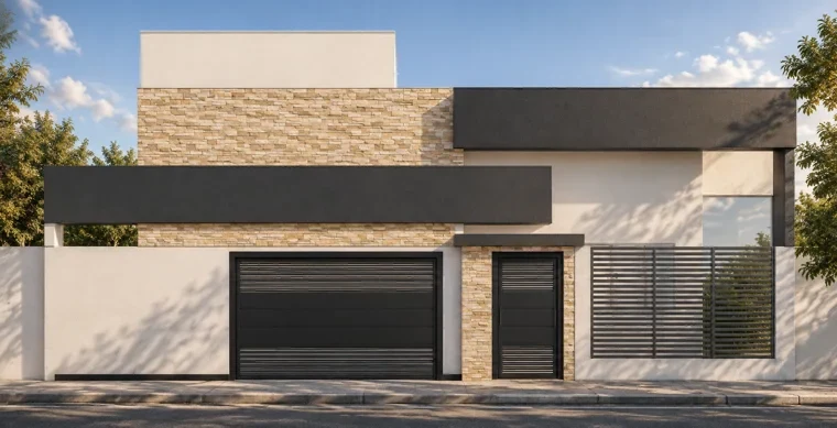 Fachada da casa: volumes brancos com faixas escuras, revestimento de pedra, portão social e portão de garagem pretos