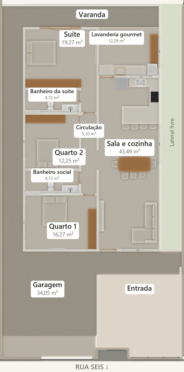 Planta humanizada da casa vista de cima, com os móveis e o nome e a área de cada cômodo